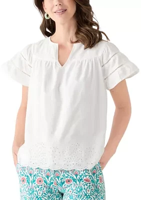 Women's Short Sleeve Embroidered Hem Top