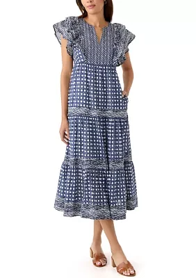 Women's Split Neck Printed Ruffle Dress