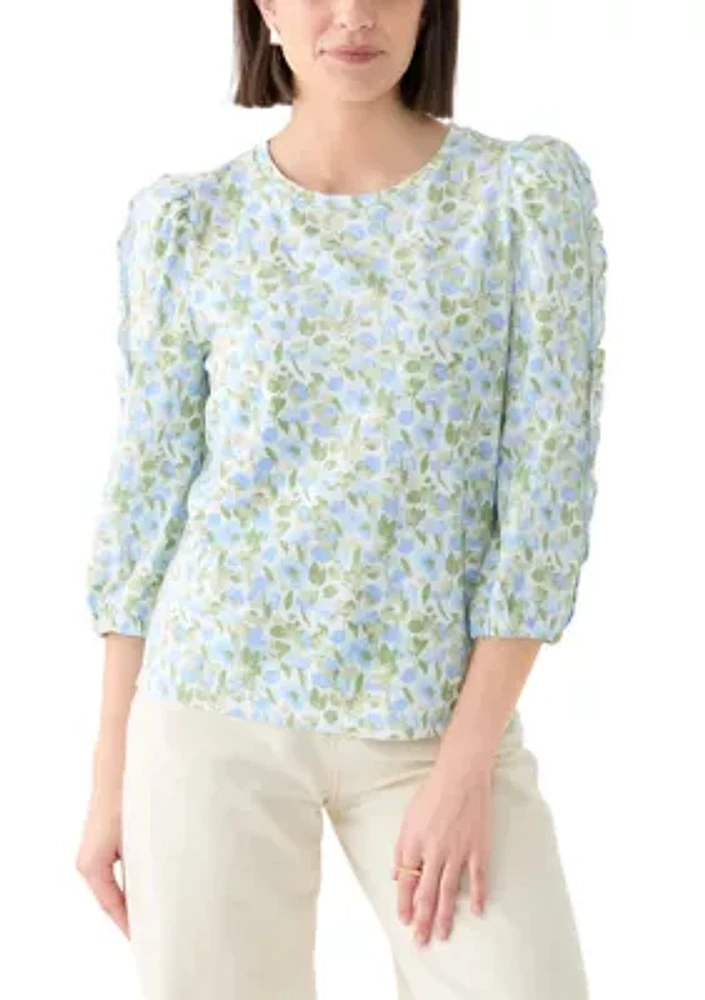 Women's Ruched Sleeve Puff Shoulder Printed Top