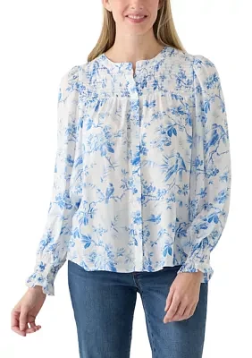 Women's Blouson Sleeve Printed Smocked Top