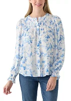 Women's Blouson Sleeve Printed Smocked Top