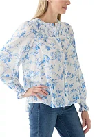 Women's Blouson Sleeve Printed Smocked Top