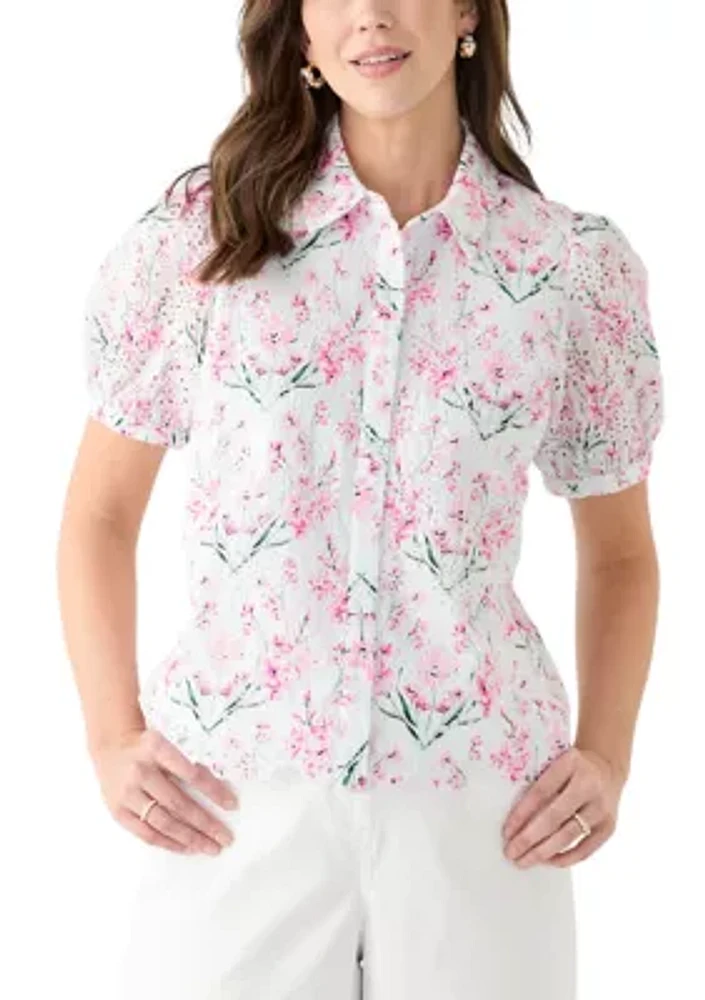 Women's Short Sleeve Eyelet Button Front Top