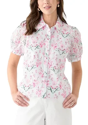 Women's Short Sleeve Eyelet Button Front Top