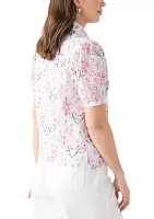 Women's Short Sleeve Eyelet Button Front Top