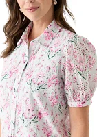 Women's Short Sleeve Eyelet Button Front Top