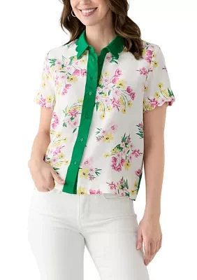 Women's Short Sleeve Scallop Button Front Top