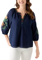 Women's 3/4 Embroidered Sleeve Top