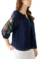 Women's 3/4 Embroidered Sleeve Top