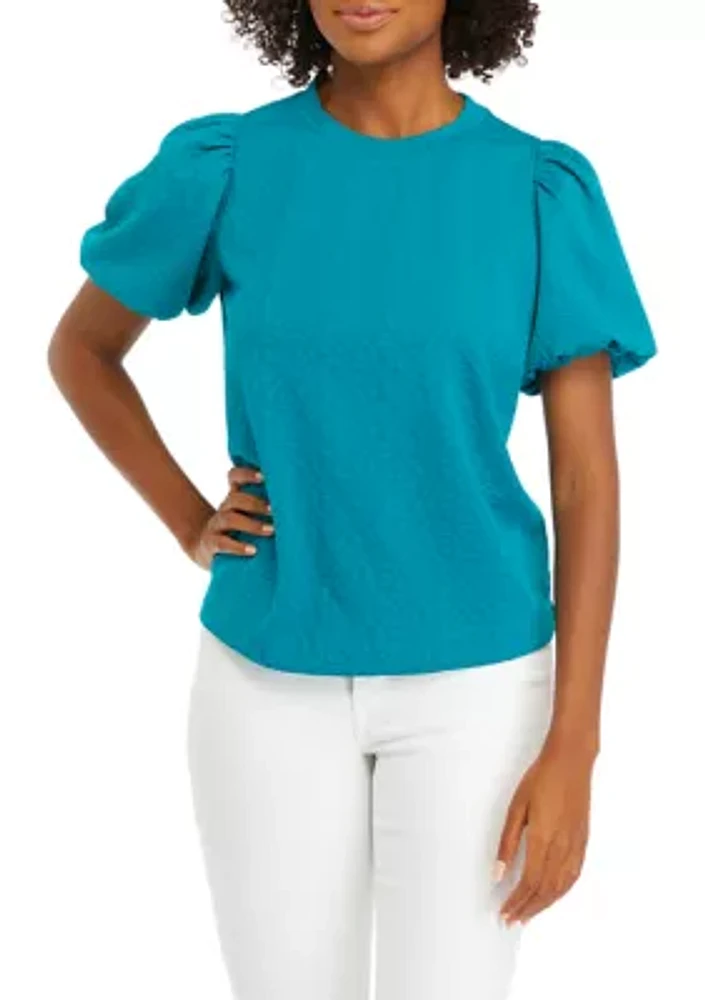 Petite Solid Jacquard Puff Sleeve Top