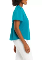 Petite Solid Jacquard Puff Sleeve Top