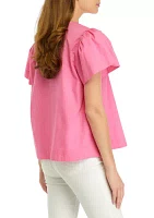 Petite Puff Sleeve Split Neck Top