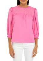 Petite Puff Sleeve Embroidered Top