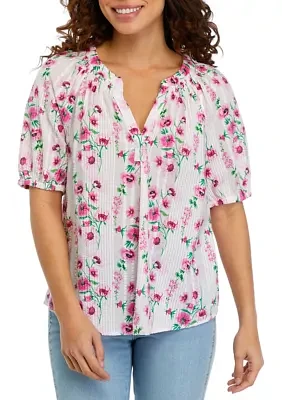 Petite Short Sleeve Printed Peasant Top