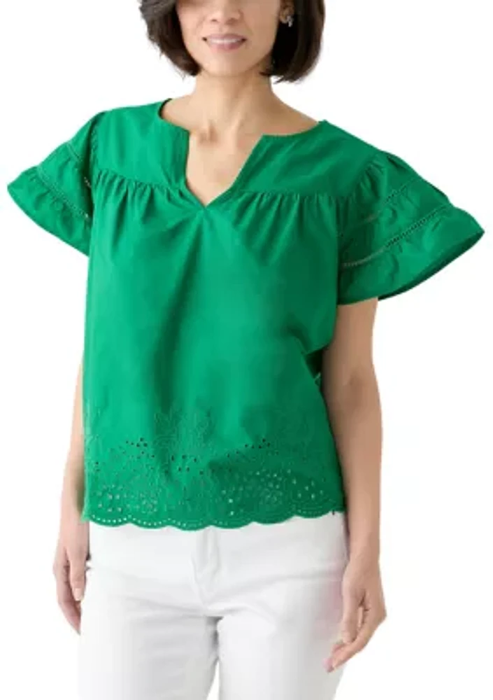 Petite Short Sleeve Embroidered Hem Top