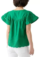 Petite Short Sleeve Embroidered Hem Top