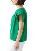 Petite Short Sleeve Embroidered Hem Top