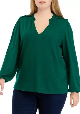 Plus Blouson Sleeve Smock V-Neck Top