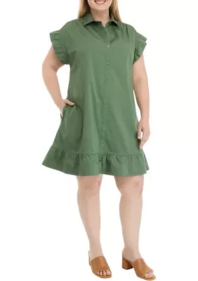 Plus Flutter Sleeve Button Down Dress