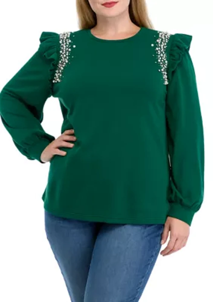 Plus Long Sleeve Ruffle Trim Top