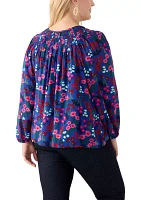 Plus Long Sleeve Smocked Printed Top