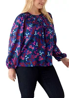 Plus Long Sleeve Smocked Printed Top