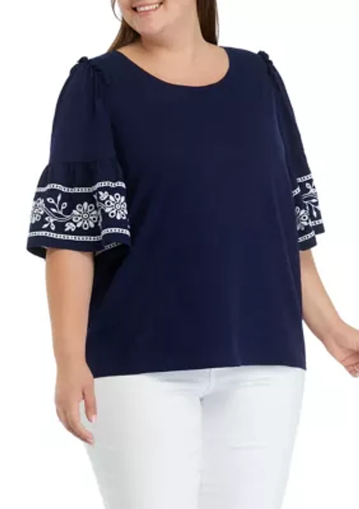 Plus Flutter Elbow Embroidered Sleeve Top