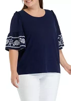 Plus Flutter Elbow Embroidered Sleeve Top