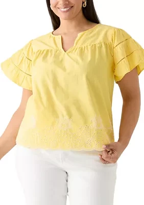 Plus Flutter Sleeve Embroidered Hem Top