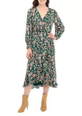 Women's Long Sleeve Printed Faux Wrap Dress