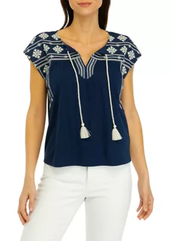 Women's Embroidered Split Neck Top