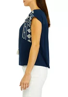 Women's Embroidered Split Neck Top