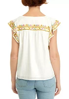 Women's Embroidered Flutter Sleeve Top