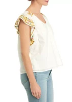 Women's Embroidered Flutter Sleeve Top