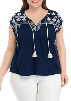 Plus Embroidered Split Neck Top