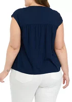 Plus Embroidered Split Neck Top