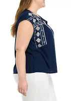 Plus Embroidered Split Neck Top