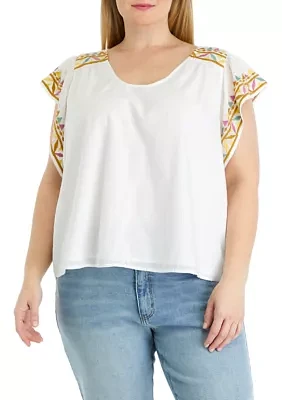 Plus Embroidered Flutter Sleeve Top