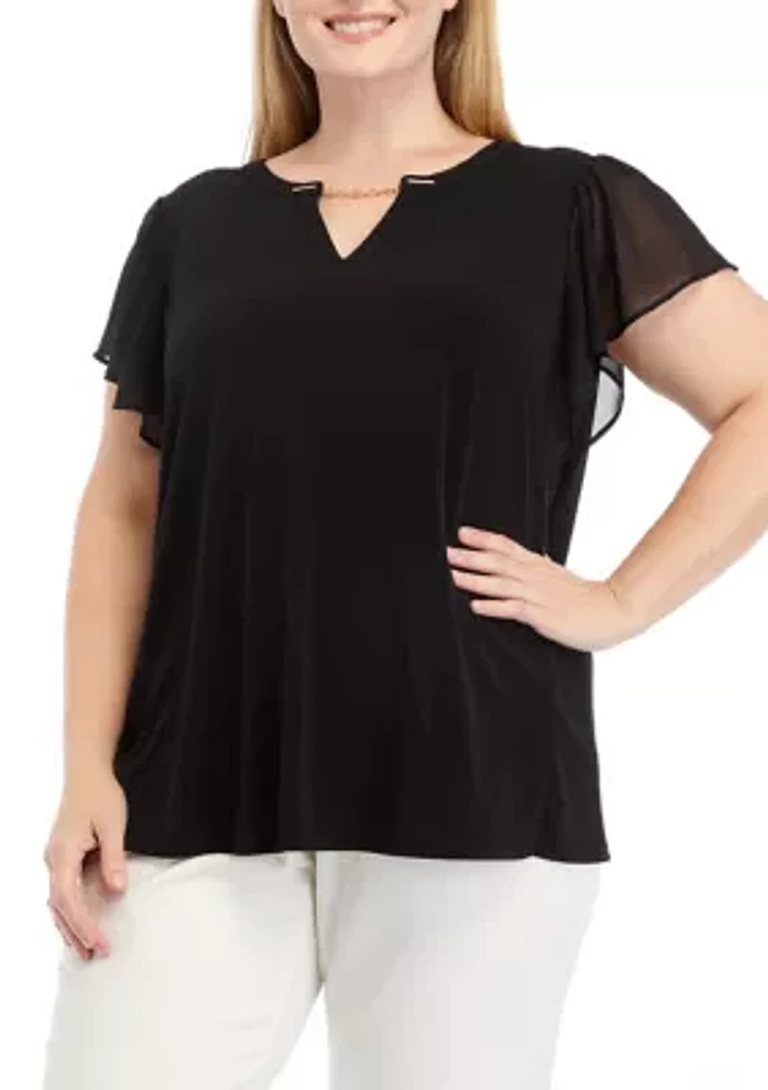 Plus Flutter Sleeve Mix Media Top with Metal Chain Detail