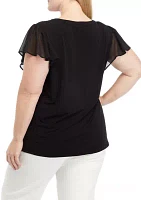 Plus Flutter Sleeve Mix Media Top with Metal Chain Detail