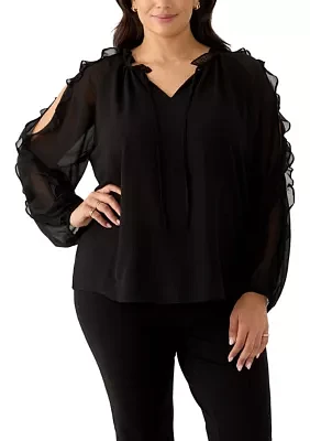 Plus Long Sleeve Cold Shoulder Woven Blouse