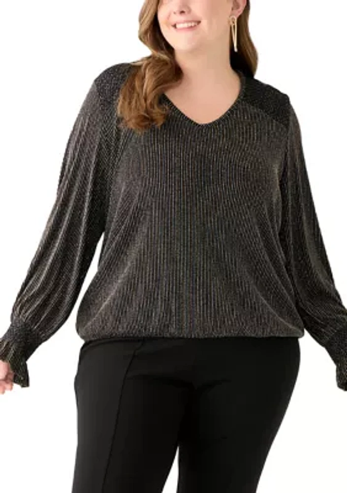 Plus Long Sleeve Lurex V-Neck Knit Blouse