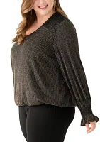 Plus Long Sleeve Lurex V-Neck Knit Blouse