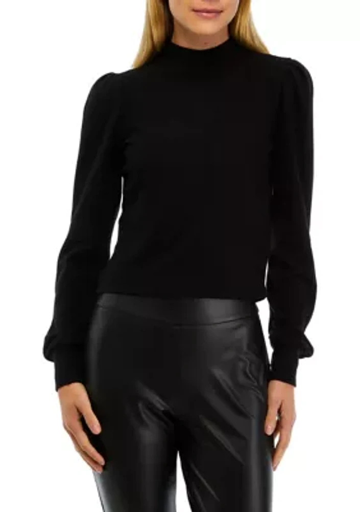 Women's Long Shirred Sleeve Mock Neck Jersey Top