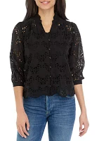 Petite 3/4 Sleeve Eyelet Top