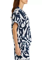 Women's Short Sleeve Printed Linen Top