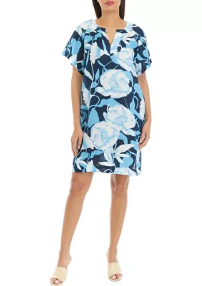 Women's Printed Split Neck Linen Dress