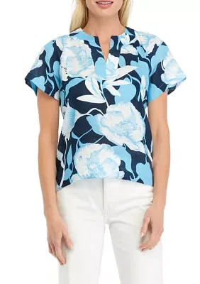 Petite Printed Linen Popover Top