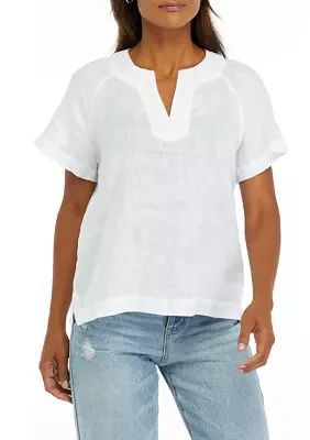 Petite Solid Linen Popover Top