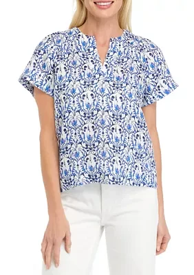 Petite Printed Linen Popover Top